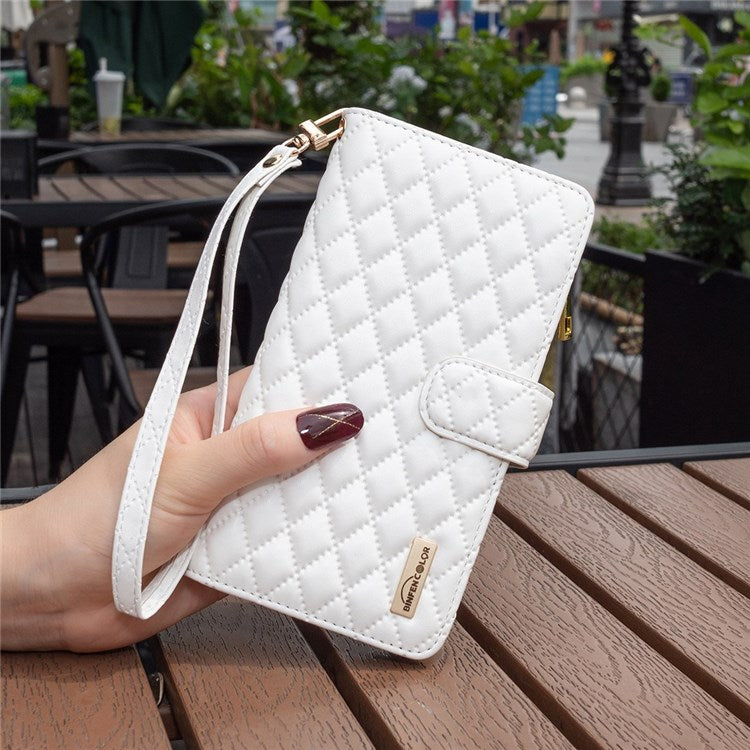 BINFEN COLOR for iPhone 14 6.1 inch BF Style-15 Zipper Pocket Imprinted Rhombus Pattern Case Flip Stand Matte PU Leather Wallet Cover - White