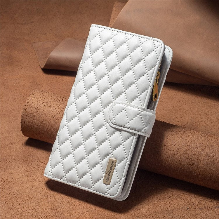 BINFEN COLOR for iPhone 14 6.1 inch BF Style-15 Zipper Pocket Imprinted Rhombus Pattern Case Flip Stand Matte PU Leather Wallet Cover - White