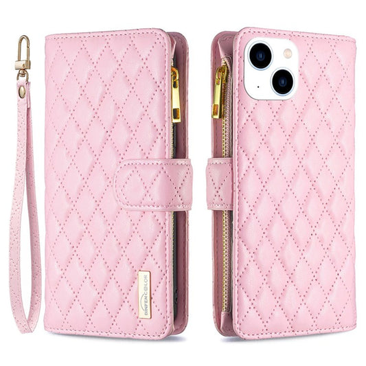 BINFEN COLOR for iPhone 14 6.1 inch BF Style-15 Zipper Pocket Imprinted Rhombus Pattern Case Flip Stand Matte PU Leather Wallet Cover - Pink
