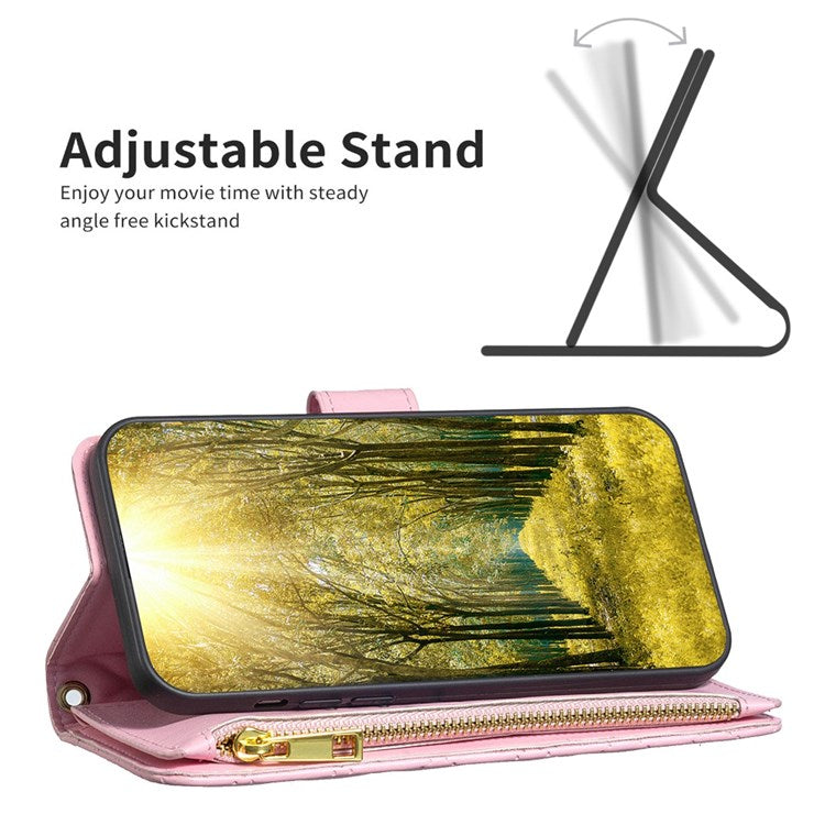 BINFEN COLOR for iPhone 14 6.1 inch BF Style-15 Zipper Pocket Imprinted Rhombus Pattern Case Flip Stand Matte PU Leather Wallet Cover - Pink