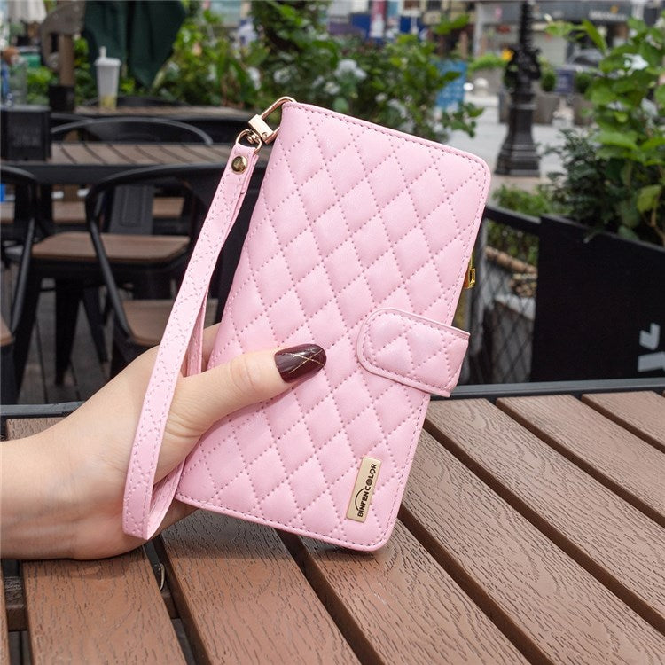 BINFEN COLOR for iPhone 14 6.1 inch BF Style-15 Zipper Pocket Imprinted Rhombus Pattern Case Flip Stand Matte PU Leather Wallet Cover - Pink