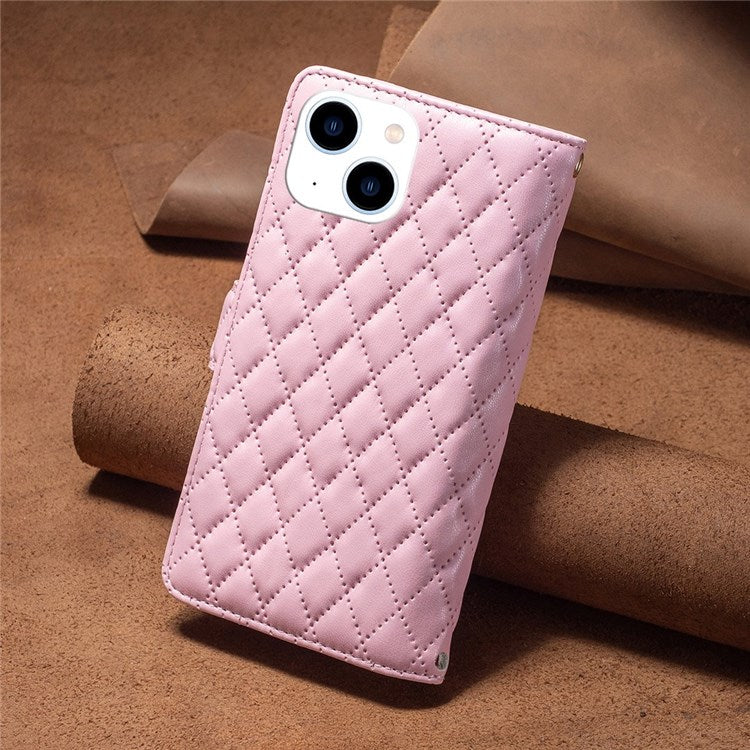 BINFEN COLOR for iPhone 14 6.1 inch BF Style-15 Zipper Pocket Imprinted Rhombus Pattern Case Flip Stand Matte PU Leather Wallet Cover - Pink