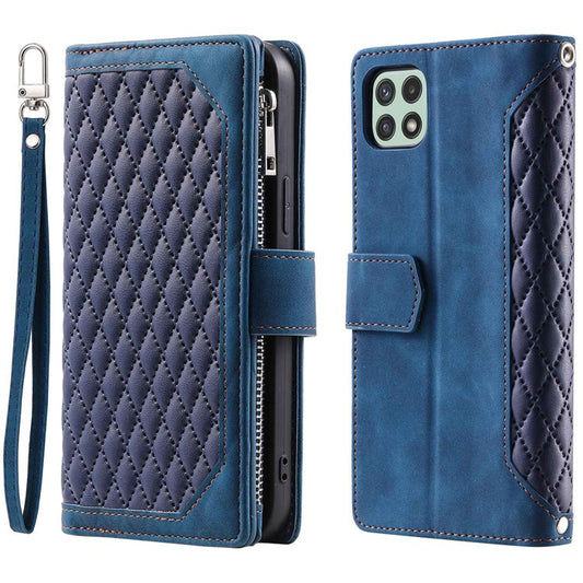005 Phone Case Pouch for Samsung Galaxy A22 5G (EU Version), Anti-scratch Rhombus Grid Textured PU Leather Zipper Pocket Stand Wallet Phone Case with Multiple Card Slots and Handy Strap - Blue