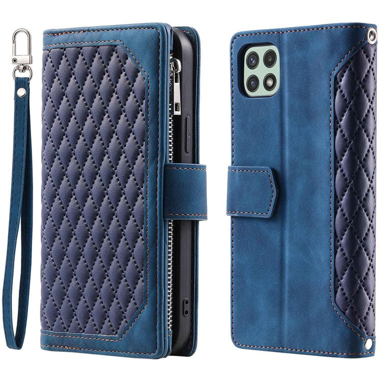 005 Phone Case Pouch for Samsung Galaxy A22 5G (EU Version), Anti-scratch Rhombus Grid Textured PU Leather Zipper Pocket Stand Wallet Phone Case with Multiple Card Slots and Handy Strap - Blue