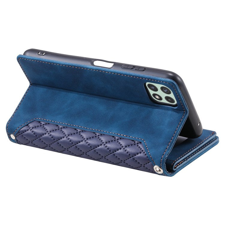 005 Phone Case Pouch for Samsung Galaxy A22 5G (EU Version), Anti-scratch Rhombus Grid Textured PU Leather Zipper Pocket Stand Wallet Phone Case with Multiple Card Slots and Handy Strap - Blue