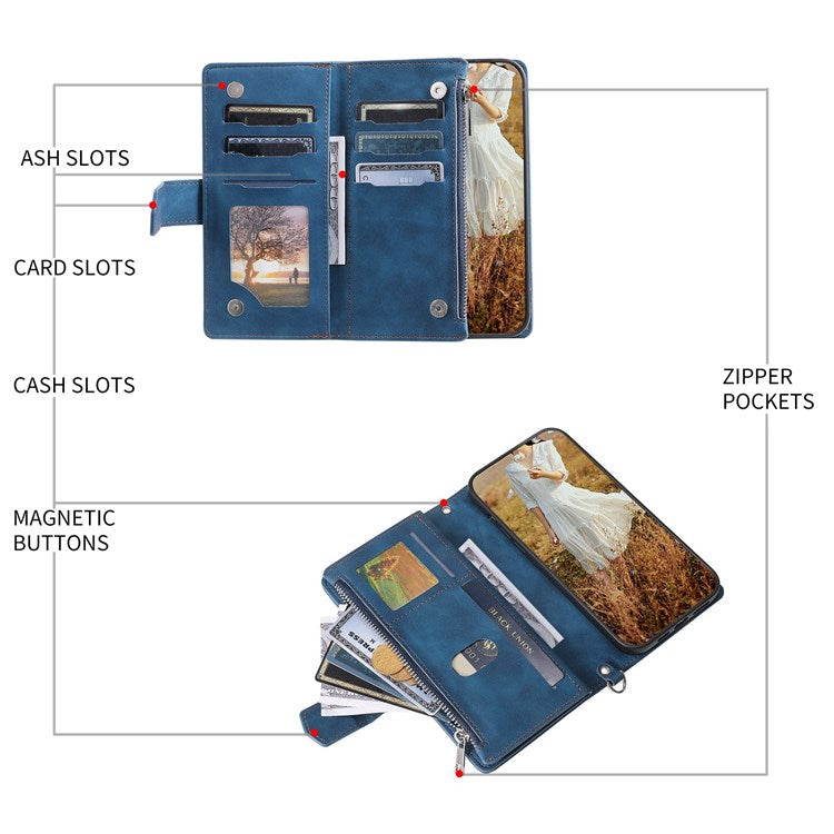 005 Phone Case Pouch for Samsung Galaxy A22 5G (EU Version), Anti-scratch Rhombus Grid Textured PU Leather Zipper Pocket Stand Wallet Phone Case with Multiple Card Slots and Handy Strap - Blue