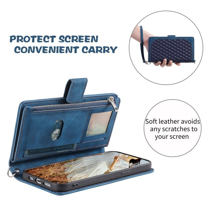 005 Phone Case Pouch for Samsung Galaxy A22 5G (EU Version), Anti-scratch Rhombus Grid Textured PU Leather Zipper Pocket Stand Wallet Phone Case with Multiple Card Slots and Handy Strap - Blue