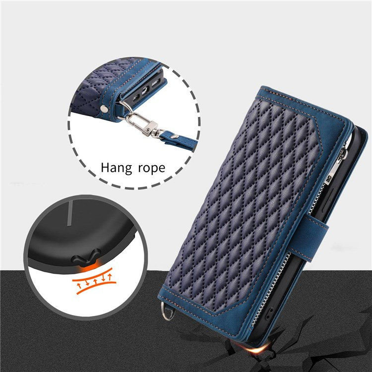 005 Phone Case Pouch for Samsung Galaxy A22 5G (EU Version), Anti-scratch Rhombus Grid Textured PU Leather Zipper Pocket Stand Wallet Phone Case with Multiple Card Slots and Handy Strap - Blue