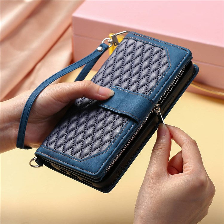 005 Phone Case Pouch for Samsung Galaxy A22 5G (EU Version), Anti-scratch Rhombus Grid Textured PU Leather Zipper Pocket Stand Wallet Phone Case with Multiple Card Slots and Handy Strap - Blue