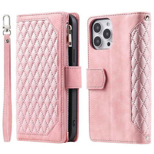 005 Rhombus Grid Textured PU Leather Phone Case for iPhone 14 Plus 6.7 inch, Zipper Pocket Stand Wallet Cover with Strap - Rose Gold