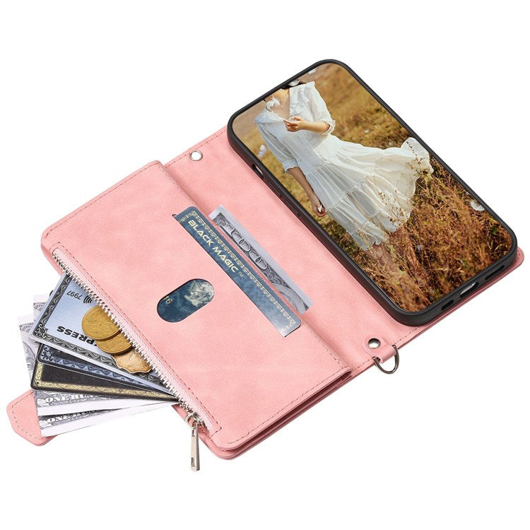 005 Rhombus Grid Textured PU Leather Phone Case for iPhone 14 Plus 6.7 inch, Zipper Pocket Stand Wallet Cover with Strap - Rose Gold