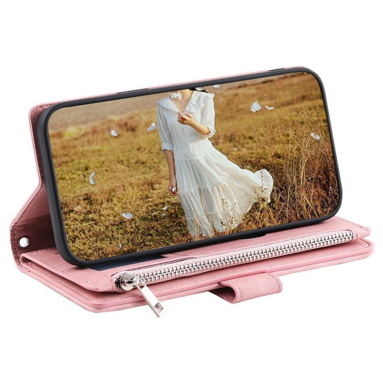 005 Rhombus Grid Textured PU Leather Phone Case for iPhone 14 Plus 6.7 inch, Zipper Pocket Stand Wallet Cover with Strap - Rose Gold