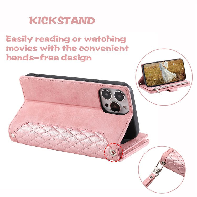 005 Rhombus Grid Textured PU Leather Phone Case for iPhone 14 Plus 6.7 inch, Zipper Pocket Stand Wallet Cover with Strap - Rose Gold