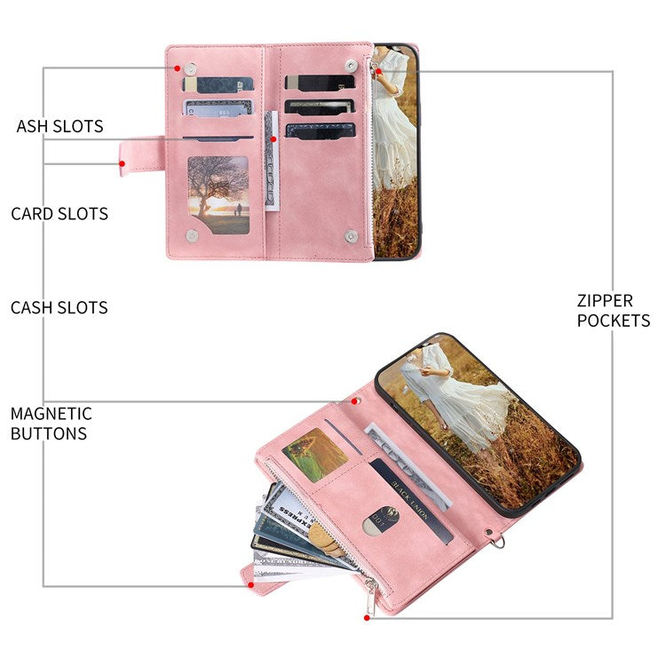 005 Rhombus Grid Textured PU Leather Phone Case for iPhone 14 Plus 6.7 inch, Zipper Pocket Stand Wallet Cover with Strap - Rose Gold