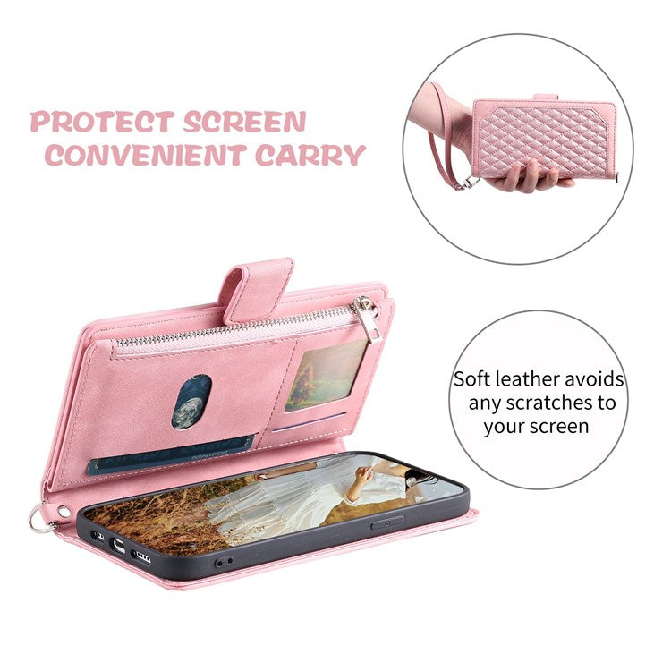005 Rhombus Grid Textured PU Leather Phone Case for iPhone 14 Plus 6.7 inch, Zipper Pocket Stand Wallet Cover with Strap - Rose Gold