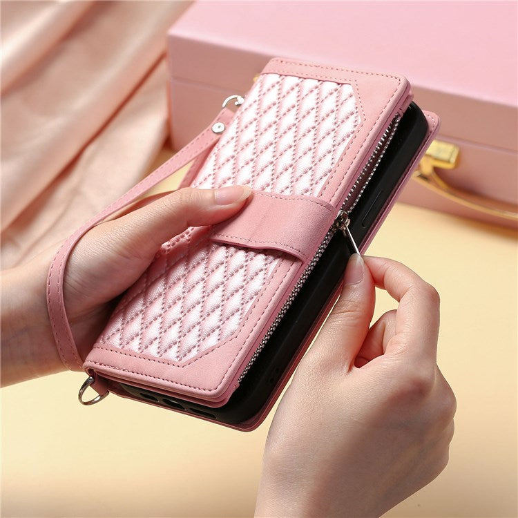005 Rhombus Grid Textured PU Leather Phone Case for iPhone 14 Plus 6.7 inch, Zipper Pocket Stand Wallet Cover with Strap - Rose Gold