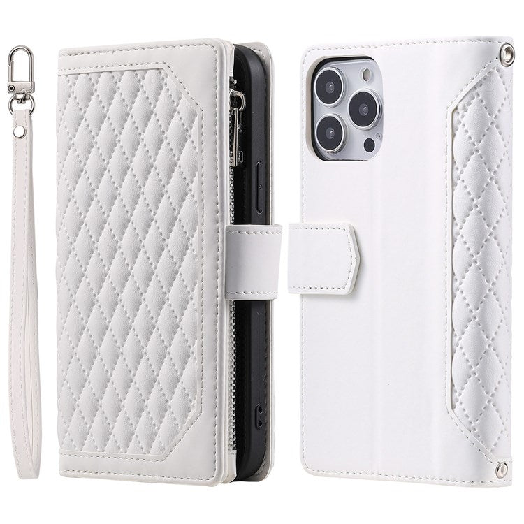005 Mobile Phone Cover for iPhone 14 Pro Max 6.7 inch, Handy Strap Rhombus Grid Textured PU Leather Zipper Pocket Stand Wallet Case - White