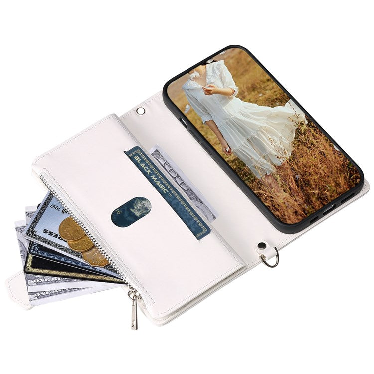 005 Mobile Phone Cover for iPhone 14 Pro Max 6.7 inch, Handy Strap Rhombus Grid Textured PU Leather Zipper Pocket Stand Wallet Case - White