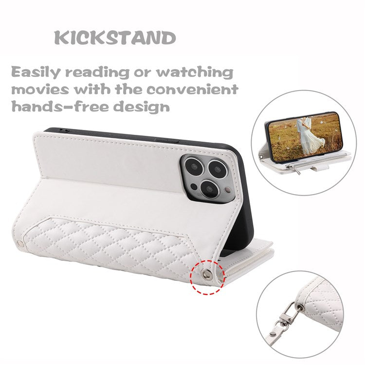 005 Mobile Phone Cover for iPhone 14 Pro Max 6.7 inch, Handy Strap Rhombus Grid Textured PU Leather Zipper Pocket Stand Wallet Case - White