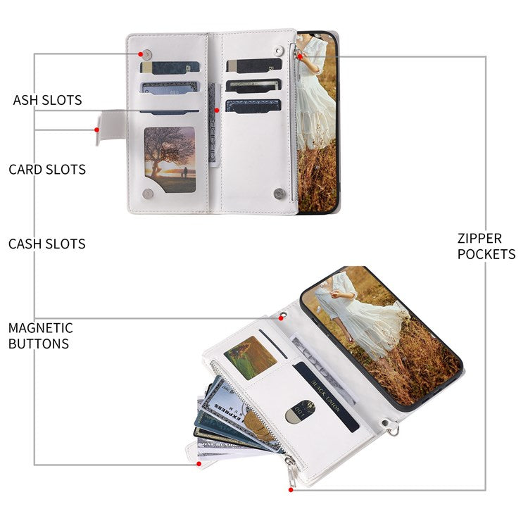 005 Mobile Phone Cover for iPhone 14 Pro Max 6.7 inch, Handy Strap Rhombus Grid Textured PU Leather Zipper Pocket Stand Wallet Case - White
