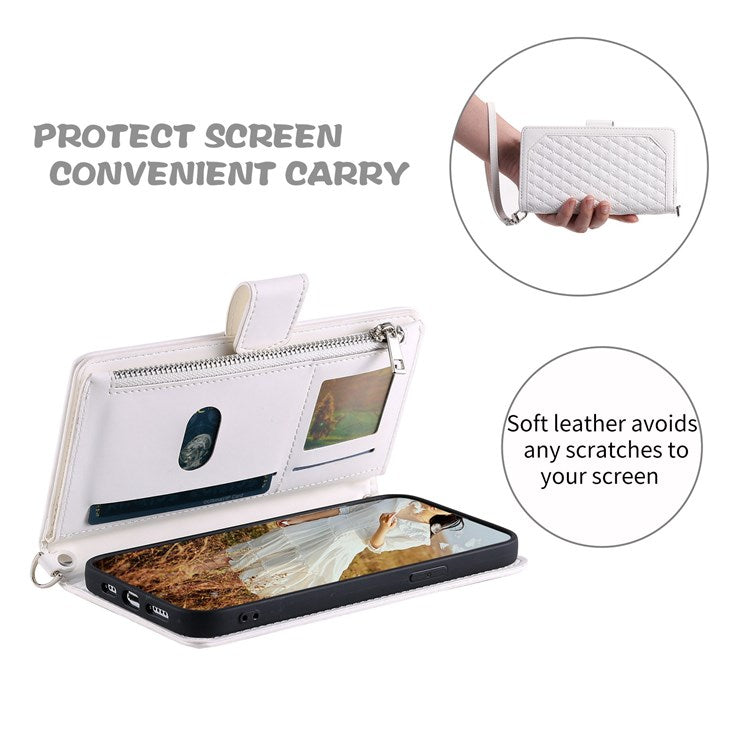 005 Mobile Phone Cover for iPhone 14 Pro Max 6.7 inch, Handy Strap Rhombus Grid Textured PU Leather Zipper Pocket Stand Wallet Case - White