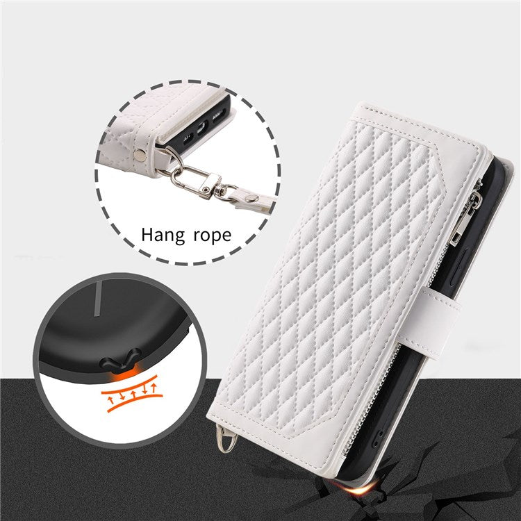 005 Mobile Phone Cover for iPhone 14 Pro Max 6.7 inch, Handy Strap Rhombus Grid Textured PU Leather Zipper Pocket Stand Wallet Case - White