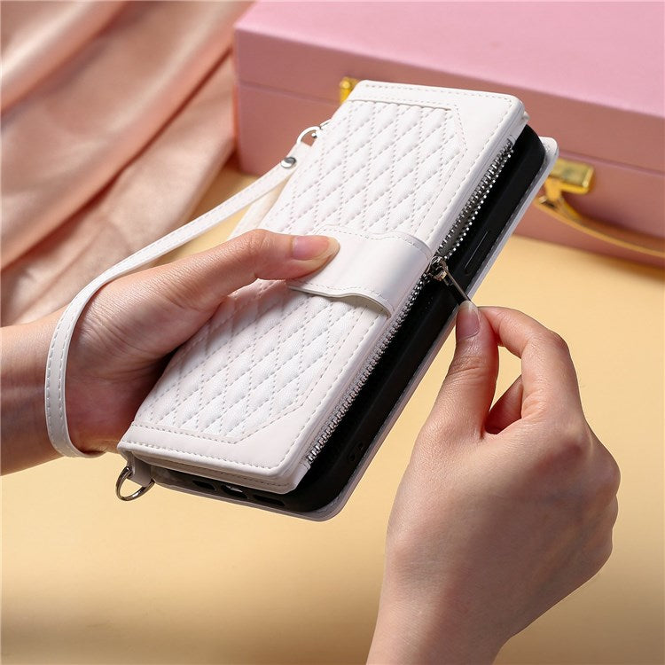 005 Mobile Phone Cover for iPhone 14 Pro Max 6.7 inch, Handy Strap Rhombus Grid Textured PU Leather Zipper Pocket Stand Wallet Case - White