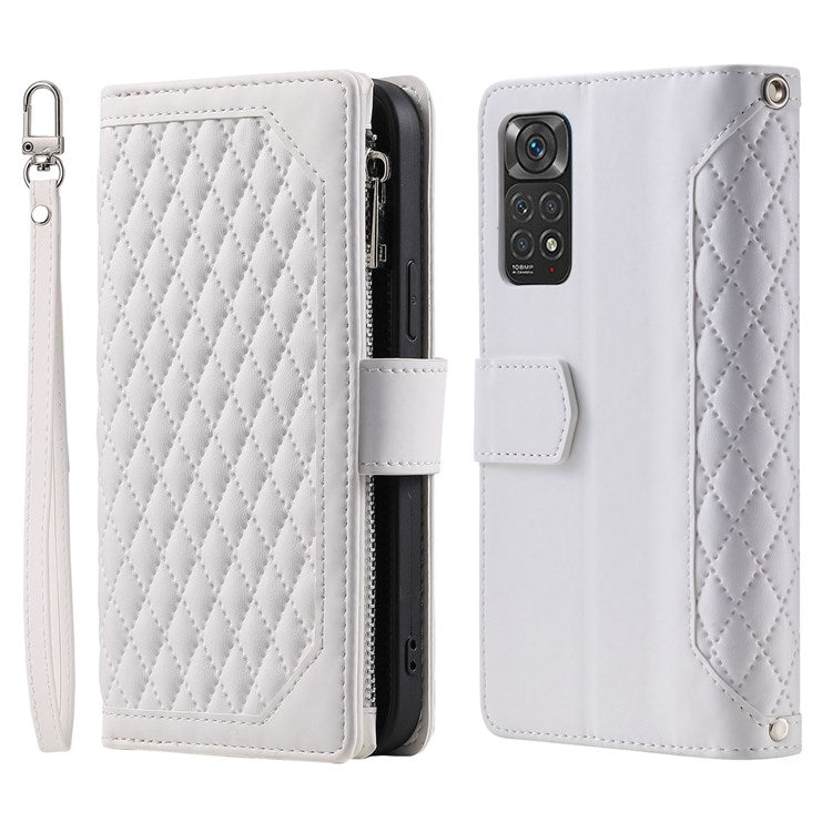 005 Style Smartphone Cover for Xiaomi Redmi Note 11 4G (Qualcomm) / Note 11S 4G, Rhombus Texture PU Leather Zipper Pocket Stand Wallet Case with Strap - White