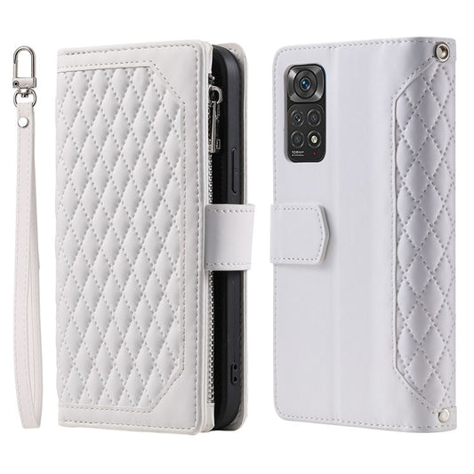 005 Style Smartphone Cover for Xiaomi Redmi Note 11 4G (Qualcomm) / Note 11S 4G, Rhombus Texture PU Leather Zipper Pocket Stand Wallet Case with Strap - White