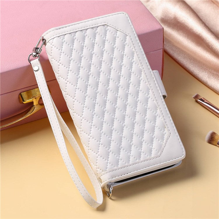005 Style Smartphone Cover for Xiaomi Redmi Note 11 4G (Qualcomm) / Note 11S 4G, Rhombus Texture PU Leather Zipper Pocket Stand Wallet Case with Strap - White