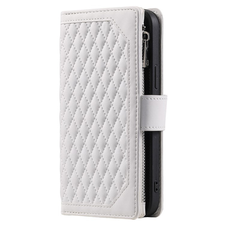 005 Style Smartphone Cover for Xiaomi Redmi Note 11 4G (Qualcomm) / Note 11S 4G, Rhombus Texture PU Leather Zipper Pocket Stand Wallet Case with Strap - White
