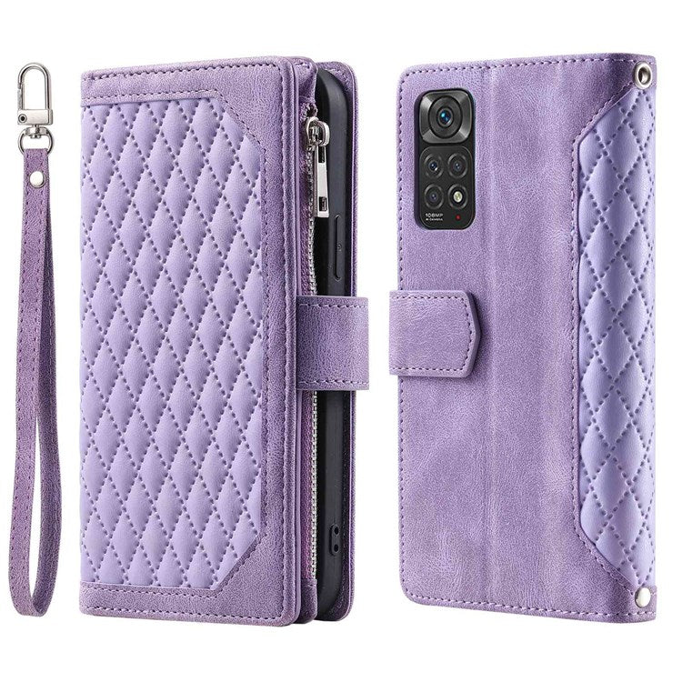 005 Style Smartphone Cover for Xiaomi Redmi Note 11 4G (Qualcomm) / Note 11S 4G, Rhombus Texture PU Leather Zipper Pocket Stand Wallet Case with Strap - Purple