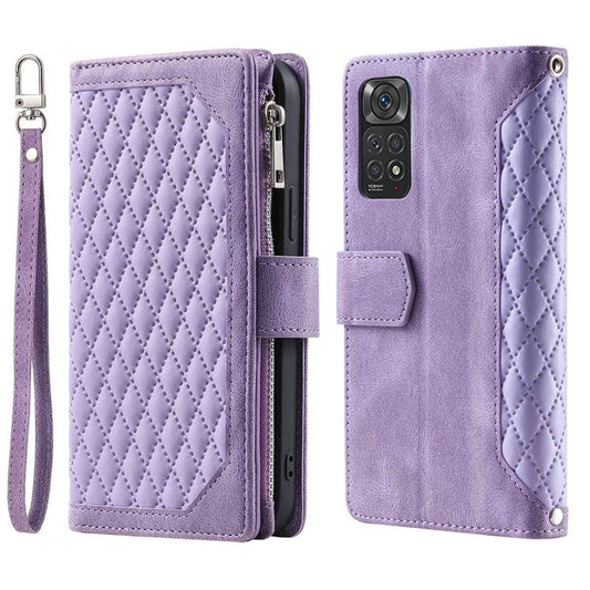 005 Style Smartphone Cover for Xiaomi Redmi Note 11 4G (Qualcomm) / Note 11S 4G, Rhombus Texture PU Leather Zipper Pocket Stand Wallet Case with Strap - Purple