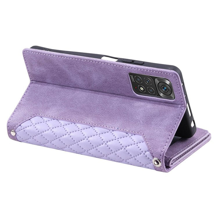 005 Style Smartphone Cover for Xiaomi Redmi Note 11 4G (Qualcomm) / Note 11S 4G, Rhombus Texture PU Leather Zipper Pocket Stand Wallet Case with Strap - Purple