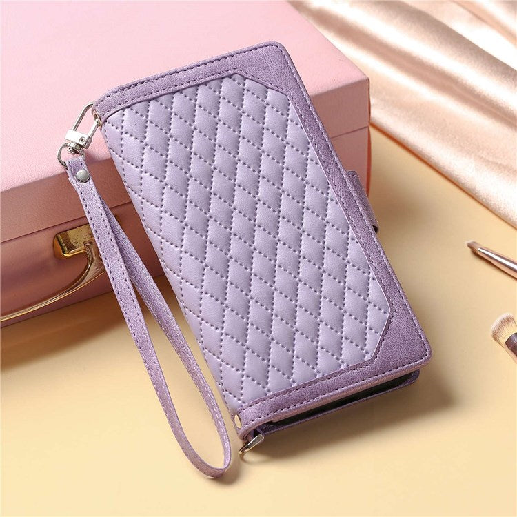 005 Style Smartphone Cover for Xiaomi Redmi Note 11 4G (Qualcomm) / Note 11S 4G, Rhombus Texture PU Leather Zipper Pocket Stand Wallet Case with Strap - Purple