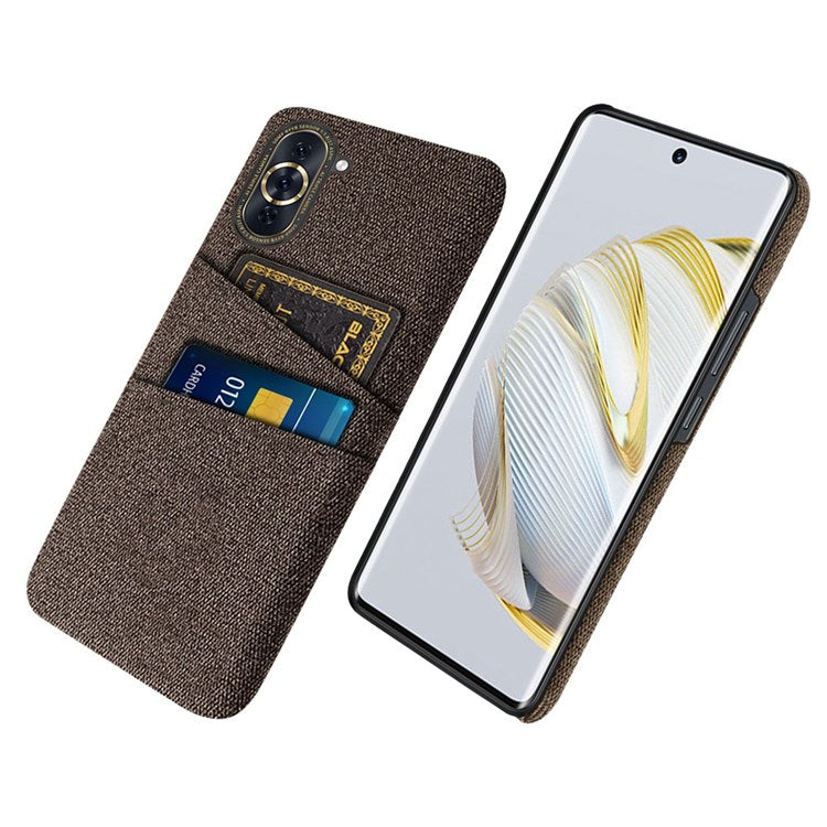 For Huawei nova 10 Pro 4G Cellphone Protector Soft Touch Cloth Texture PC Back Cover with Dual Card Holder - Brown