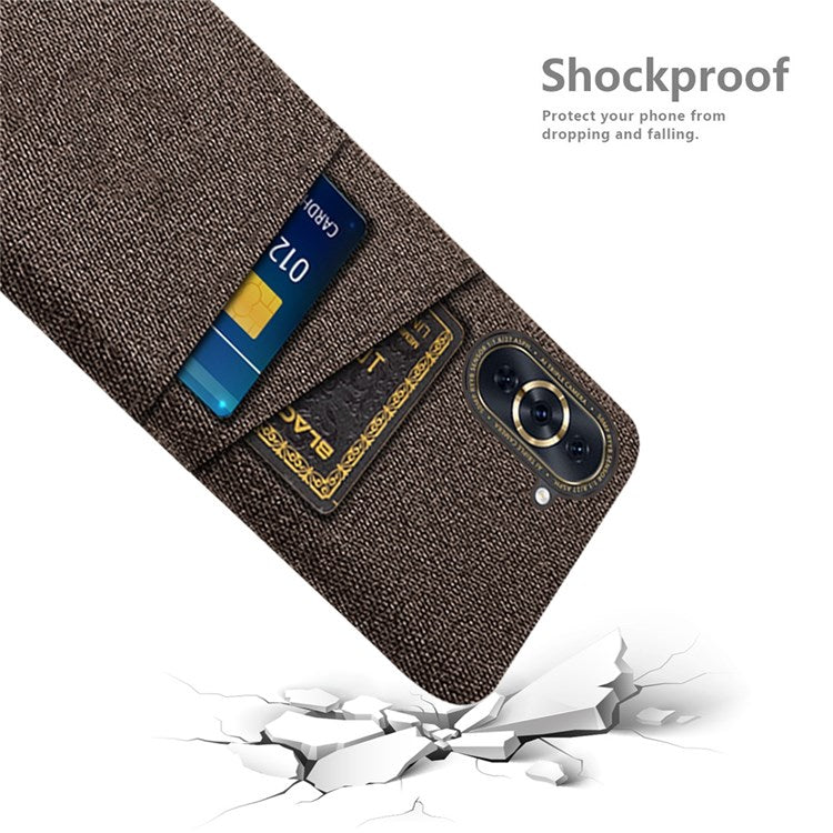 For Huawei nova 10 Pro 4G Cellphone Protector Soft Touch Cloth Texture PC Back Cover with Dual Card Holder - Brown