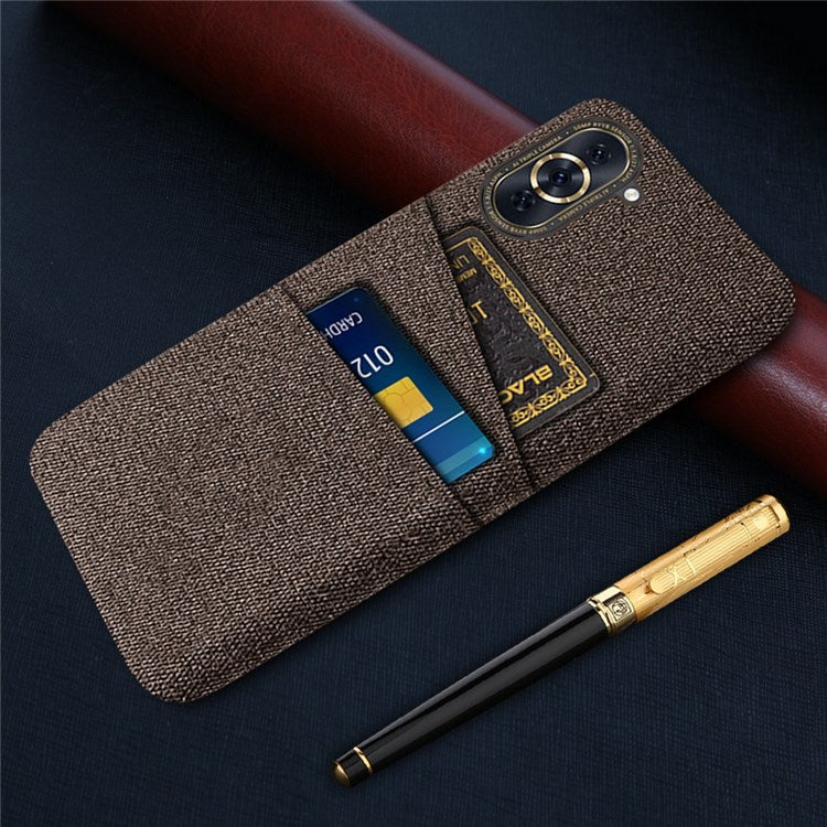 For Huawei nova 10 Pro 4G Cellphone Protector Soft Touch Cloth Texture PC Back Cover with Dual Card Holder - Brown