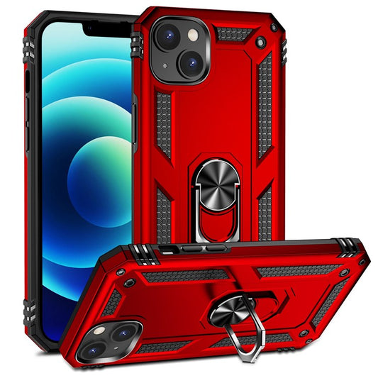 For iPhone 14 Plus 6.7 inch Ring Kickstand Hybrid TPU + PC Case Anti-drop Phone Cover with Car Mount Metal Sheet - Red