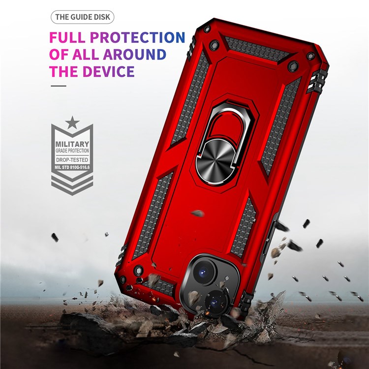 For iPhone 14 Plus 6.7 inch Ring Kickstand Hybrid TPU + PC Case Anti-drop Phone Cover with Car Mount Metal Sheet - Red