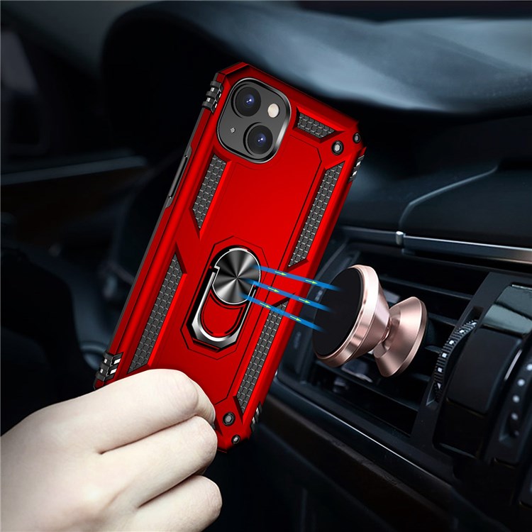 For iPhone 14 Plus 6.7 inch Ring Kickstand Hybrid TPU + PC Case Anti-drop Phone Cover with Car Mount Metal Sheet - Red