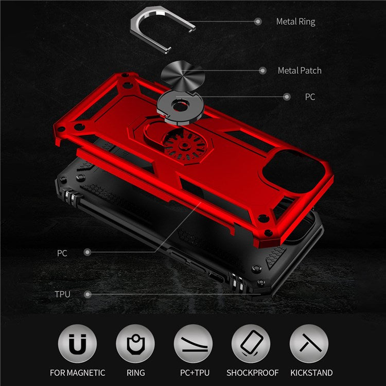 For iPhone 14 Plus 6.7 inch Ring Kickstand Hybrid TPU + PC Case Anti-drop Phone Cover with Car Mount Metal Sheet - Red