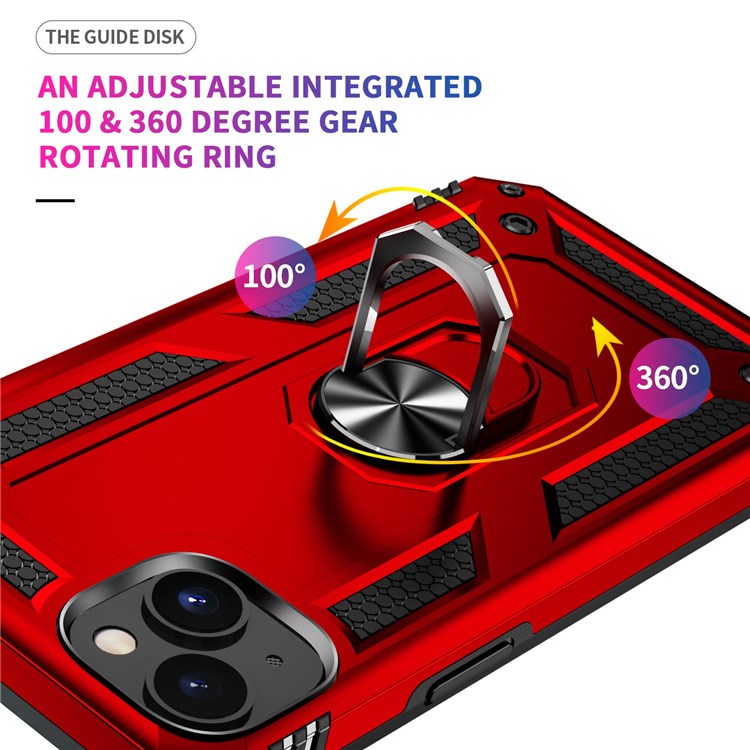 For iPhone 14 Plus 6.7 inch Ring Kickstand Hybrid TPU + PC Case Anti-drop Phone Cover with Car Mount Metal Sheet - Red