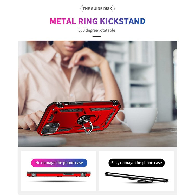 For iPhone 14 Plus 6.7 inch Ring Kickstand Hybrid TPU + PC Case Anti-drop Phone Cover with Car Mount Metal Sheet - Red