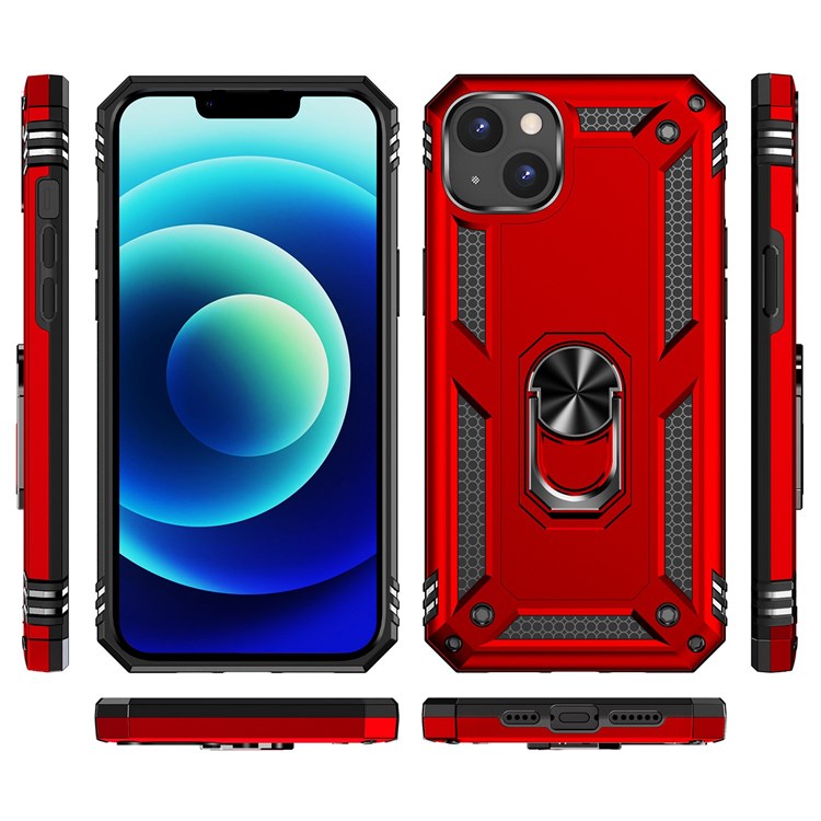 For iPhone 14 Plus 6.7 inch Ring Kickstand Hybrid TPU + PC Case Anti-drop Phone Cover with Car Mount Metal Sheet - Red