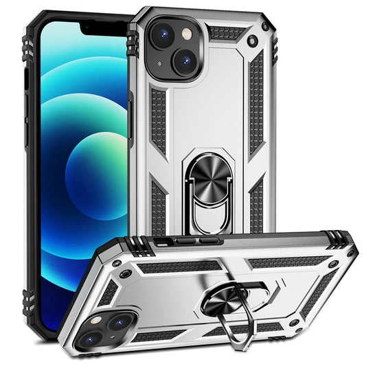 For iPhone 14 Plus 6.7 inch Ring Kickstand Hybrid TPU + PC Case Anti-drop Phone Cover with Car Mount Metal Sheet - Silver
