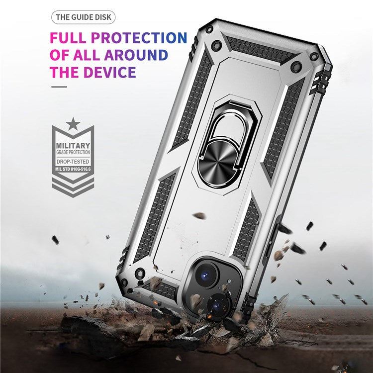 For iPhone 14 Plus 6.7 inch Ring Kickstand Hybrid TPU + PC Case Anti-drop Phone Cover with Car Mount Metal Sheet - Silver