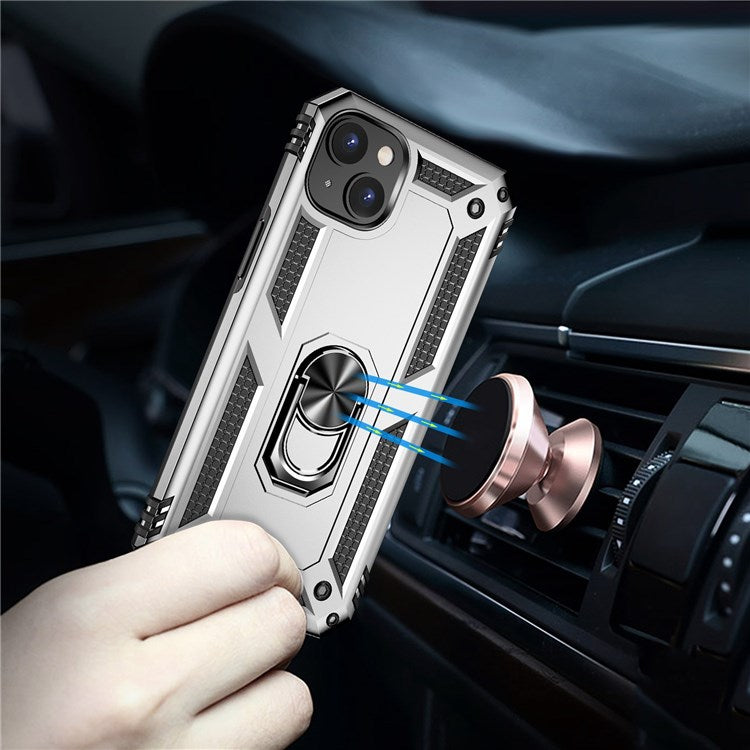 For iPhone 14 Plus 6.7 inch Ring Kickstand Hybrid TPU + PC Case Anti-drop Phone Cover with Car Mount Metal Sheet - Silver