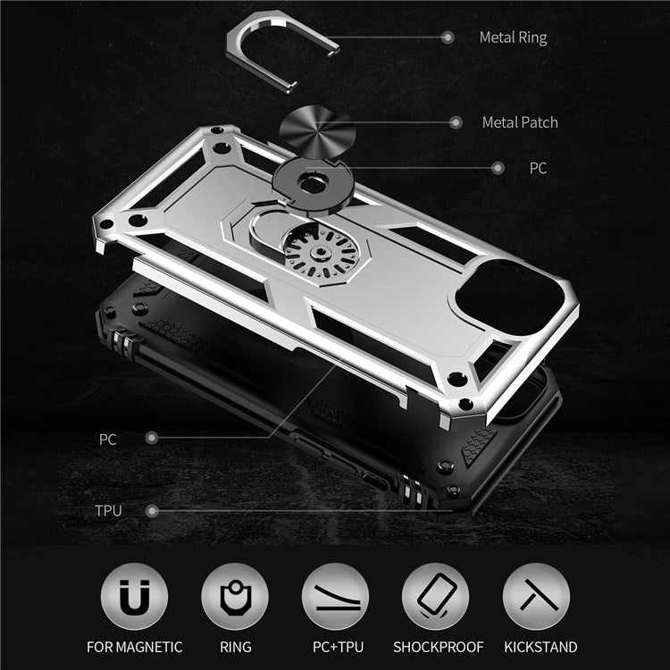 For iPhone 14 Plus 6.7 inch Ring Kickstand Hybrid TPU + PC Case Anti-drop Phone Cover with Car Mount Metal Sheet - Silver