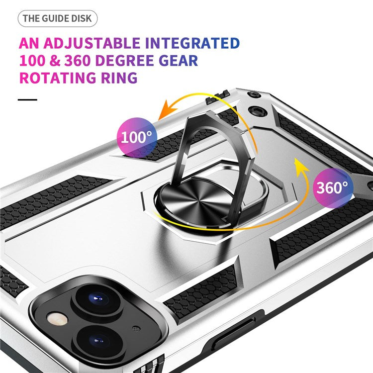 For iPhone 14 Plus 6.7 inch Ring Kickstand Hybrid TPU + PC Case Anti-drop Phone Cover with Car Mount Metal Sheet - Silver